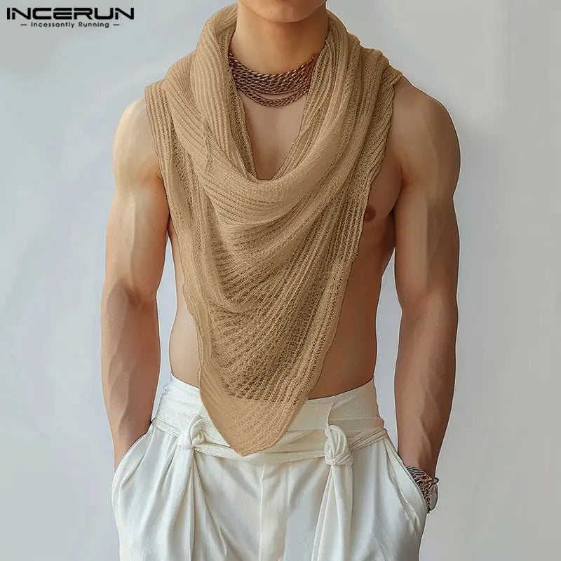 INCERUN Men's Irregular Turtleneck Tank Top – Sleeveless Streetwear Vest | S–5XL