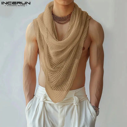INCERUN Men's Irregular Turtleneck Tank Top – Sleeveless Streetwear Vest | S–5XL