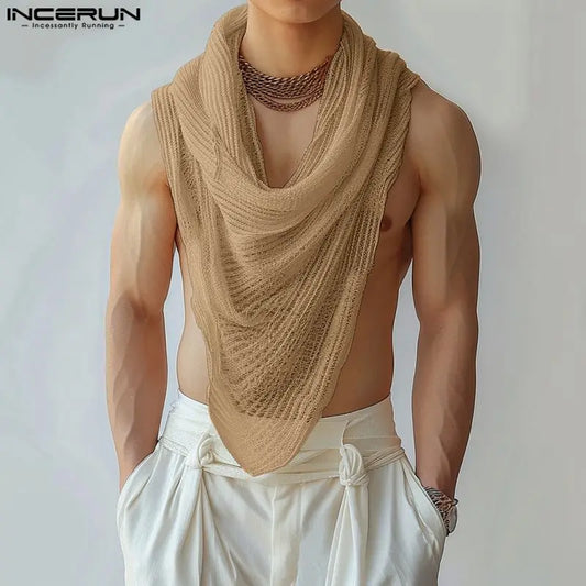 INCERUN Men's Irregular Turtleneck Tank Top – Sleeveless Streetwear Vest | S–5XL
