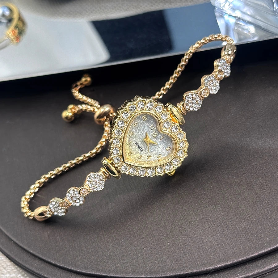 Women's Heart-Shaped Ribbon Strap Diamond Watch | Adjustable Bracelet Fashion Wristwatch