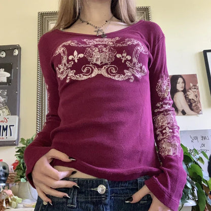 Women's Y2K Grunge Skull Graphic Thermal T-Shirt | 90s Vintage Aesthetic Long Sleeve Pullover Top