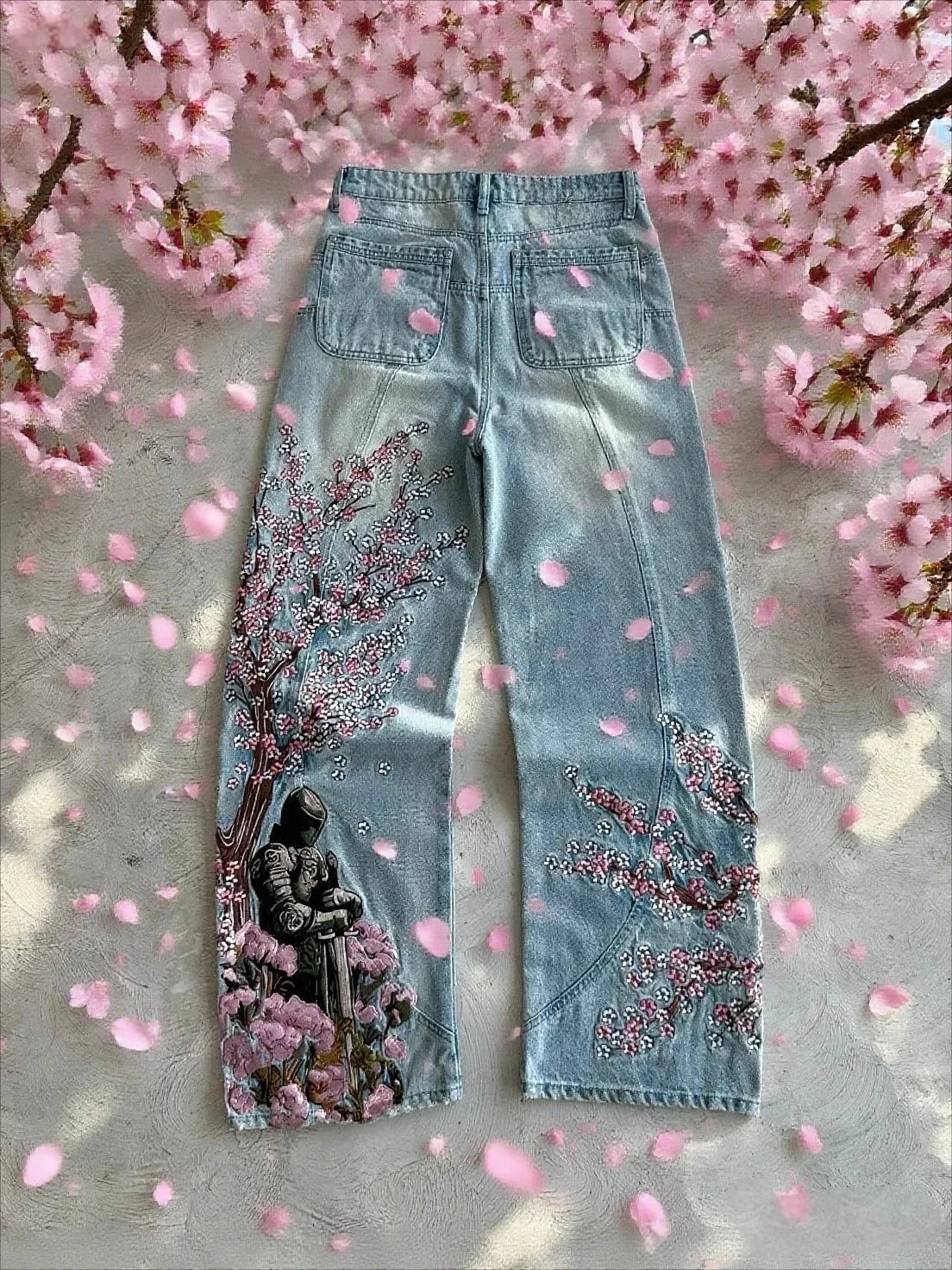 Cherry Blossom Embroidery Baggy Jeans for Men