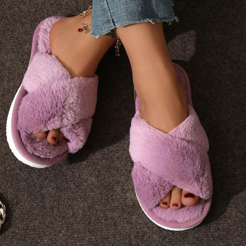 Cross Strap Fluffy Fur Slides for Women