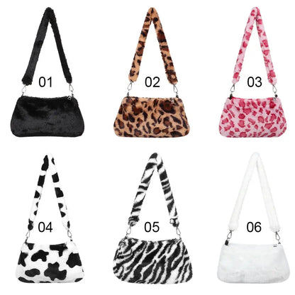 Women's Animal Print Leopard Plush Shoulder Bag | Casual Crossbody Messenger Bag for Ladies