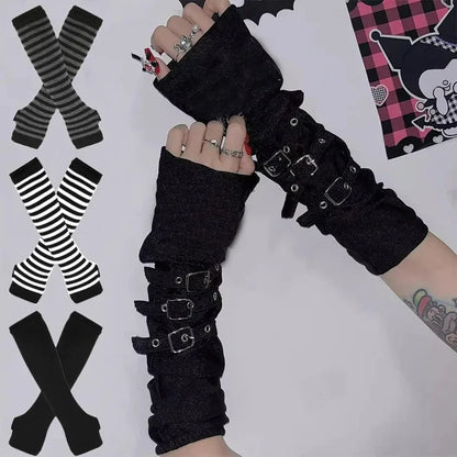 Unisex Gothic Lolita Arm Warmers | Harajuku Striped Fingerless Punk Long Wristband Y2K Gloves