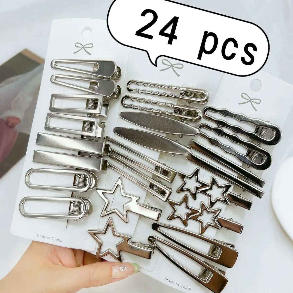 Women's & Girls' Y2K Silver Metal Star Hair Clips | 24pcs Seamless Duckbill Clip Set