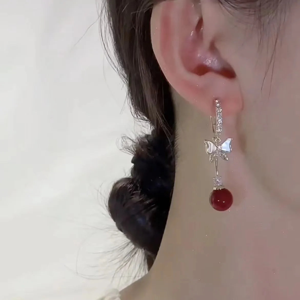 Women's Elegant Red Zircon Butterfly Drop Earrings | Sweet Metal Bow Fashion Jewelry for Girls