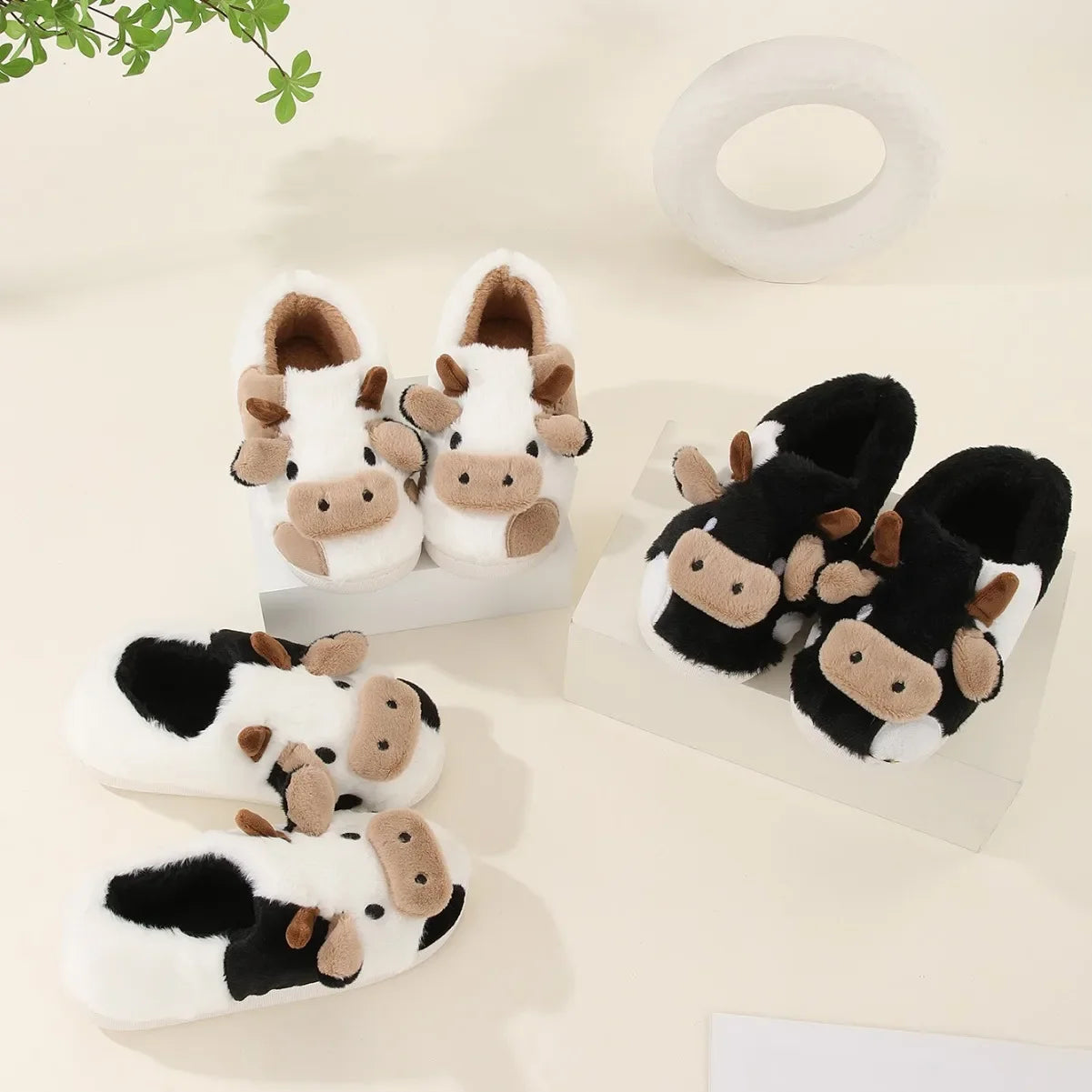 Cartoon Cow Plush Slippers – Warm Anti-Slip Indoor House Shoes for Men and Women