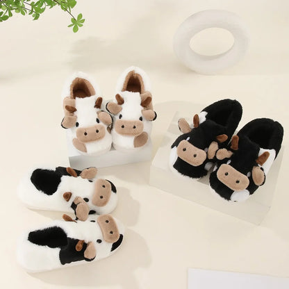 Cartoon Cow Plush Slippers – Warm Anti-Slip Indoor House Shoes for Men and Women