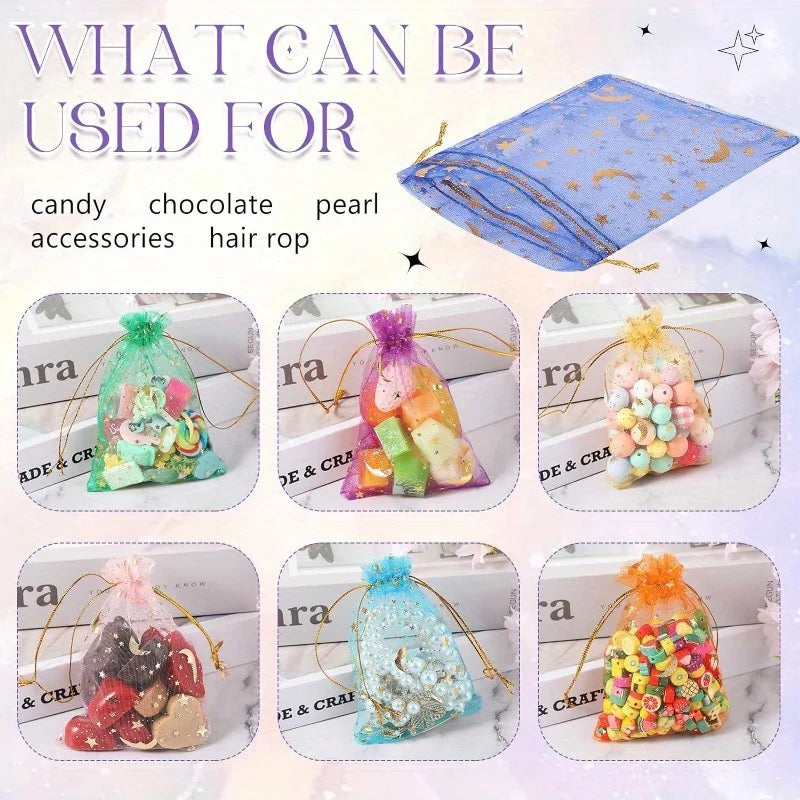 Moon & Stars Drawstring Organza Gift Bags | 50pcs Gold Star Favor Pouches for Weddings & Christmas