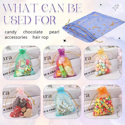 Moon & Stars Drawstring Organza Gift Bags | 50pcs Gold Star Favor Pouches for Weddings & Christmas