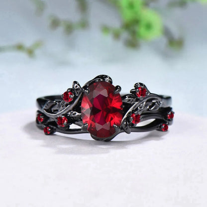 Charm Couple Rings Set | Women's Red Rhinestone Ring & Men's Stainless Steel Celtic Dragon Wedding Band