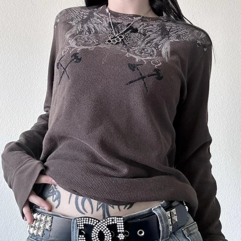 Women's Y2K Grunge Skull Graphic Thermal T-Shirt | 90s Vintage Aesthetic Long Sleeve Pullover Top