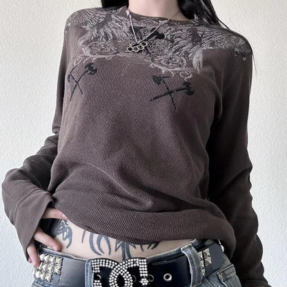 Women's Y2K Grunge Skull Graphic Thermal T-Shirt | 90s Vintage Aesthetic Long Sleeve Pullover Top