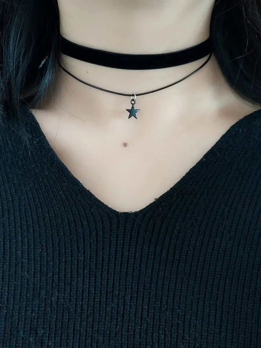Women's Black Velvet Choker Necklace | Double Pentagram Pendant Gothic Accessories