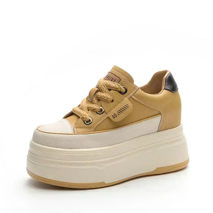 Fujin Women's Platform Sneakers – 9cm Genuine Leather High Heel Casual Shoes