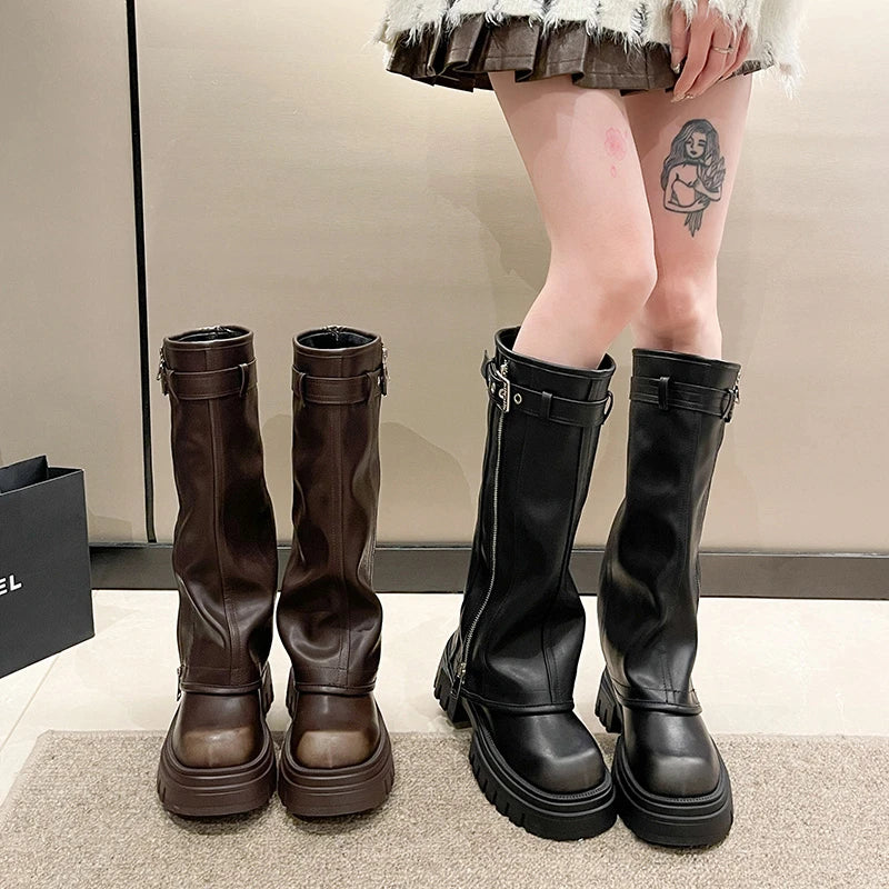 LEDP Women's Platform Biker Boots – Belt Buckle Mid-Calf Zip-Up Winter Boots