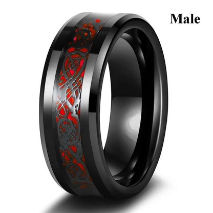 Charm Couple Rings Set | Women's Red Rhinestone Ring & Men's Stainless Steel Celtic Dragon Wedding Band