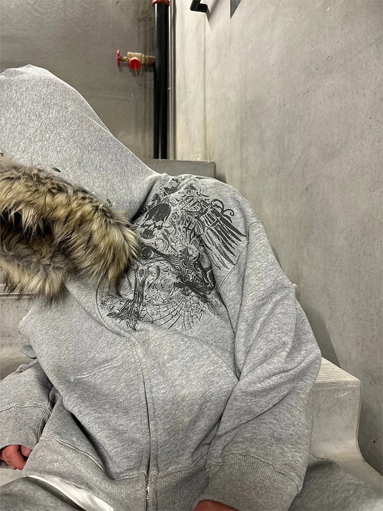 Women's Y2K Faux Fur Collar Pullover Hoodie – Gothic Graphic Sweatshirt