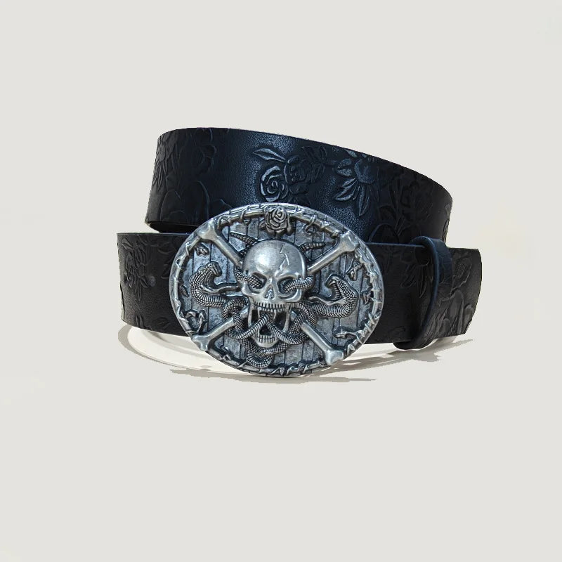 Men's Gothic Punk Skull Embossed Leather Belt Skeleton Reaper and Snake Designs