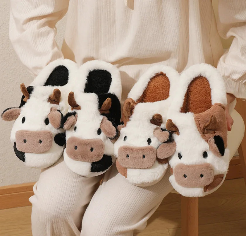 Cartoon Cow Plush Slippers – Warm Anti-Slip Indoor House Shoes for Men and Women