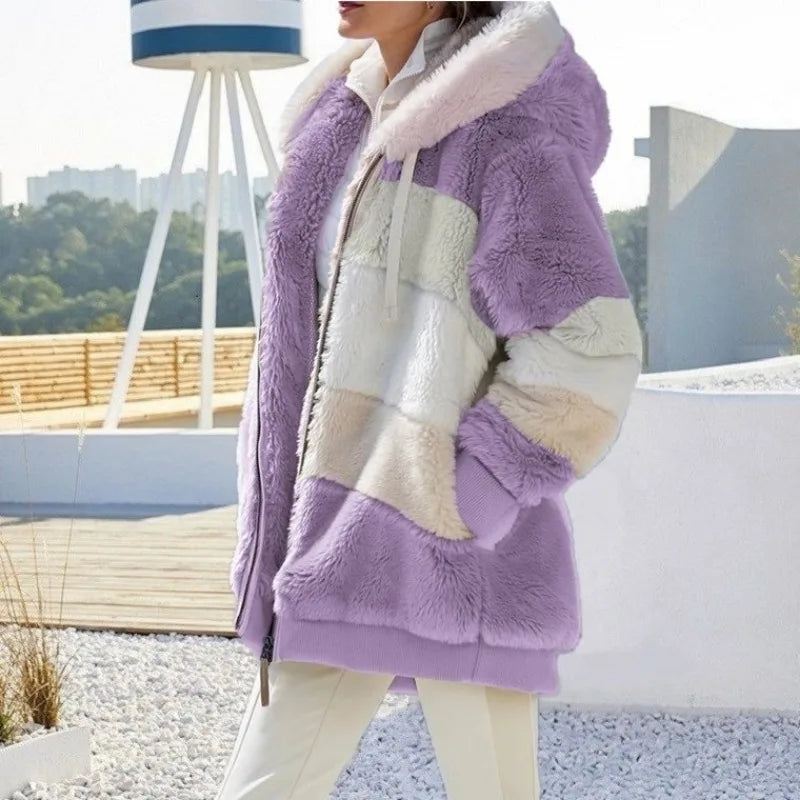 Women's Oversized Hooded Plush Jacket – Warm Zip-Up Streetwear Coat | S–5XL, 9 Colors