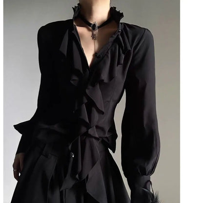 Women's Harajuku Vintage Black Bottoming Shirt | Stand Collar Ruffles Slim Japanese Victorian Long Sleeve Blouse