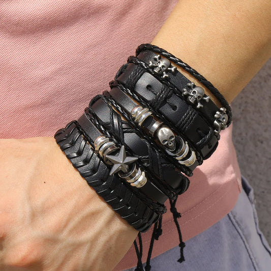 Men's Viking Leather Bracelet Woven Skull Adjustable Cuff