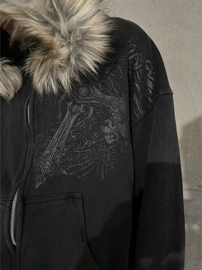 Women's Y2K Faux Fur Collar Pullover Hoodie – Gothic Graphic Sweatshirt