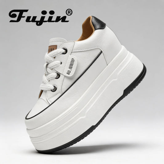 Fujin Women's Platform Sneakers – 9cm Genuine Leather High Heel Casual Shoes