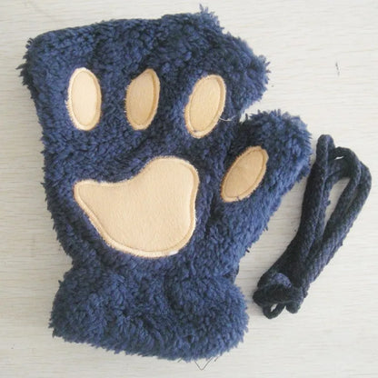 Cat Paw Plush Mittens – Cute Fingerless Fluffy Gloves for Women