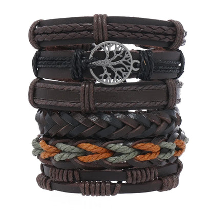Men's Viking Leather Bracelet Woven Skull Adjustable Cuff