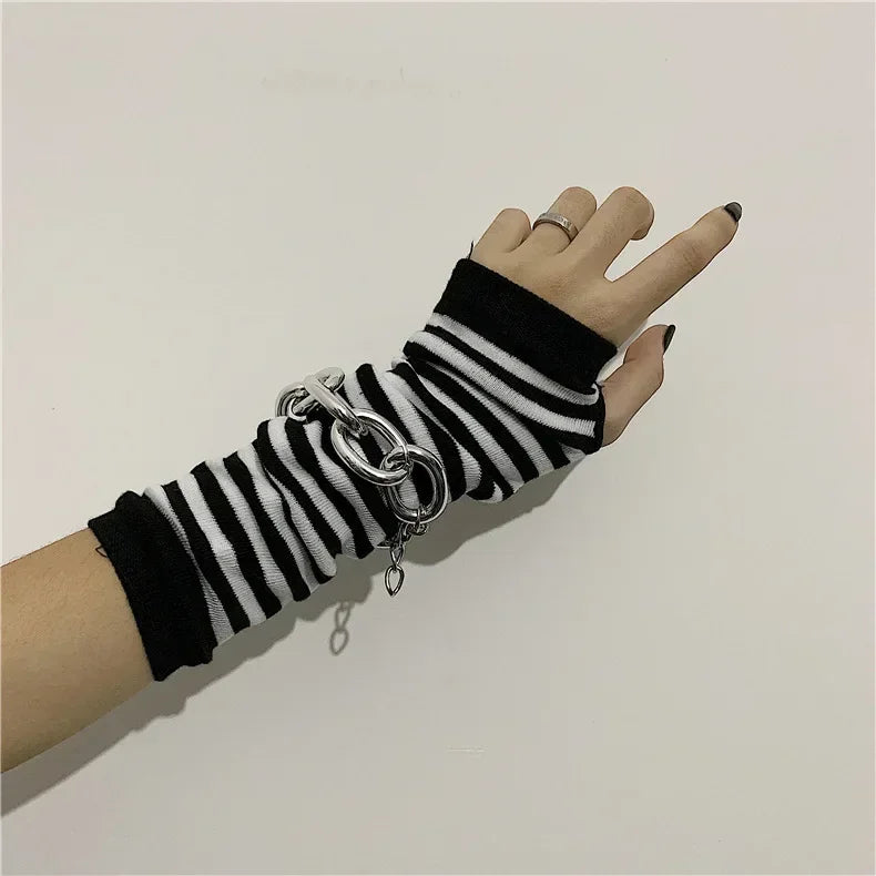 Unisex Gothic Lolita Arm Warmers | Harajuku Striped Fingerless Punk Long Wristband Y2K Gloves
