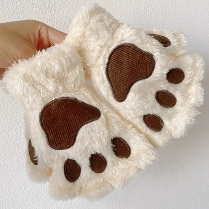 Cat Paw Plush Mittens – Cute Fingerless Fluffy Gloves for Women