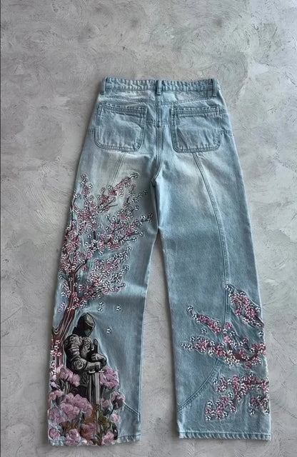 Cherry Blossom Embroidery Baggy Jeans for Men