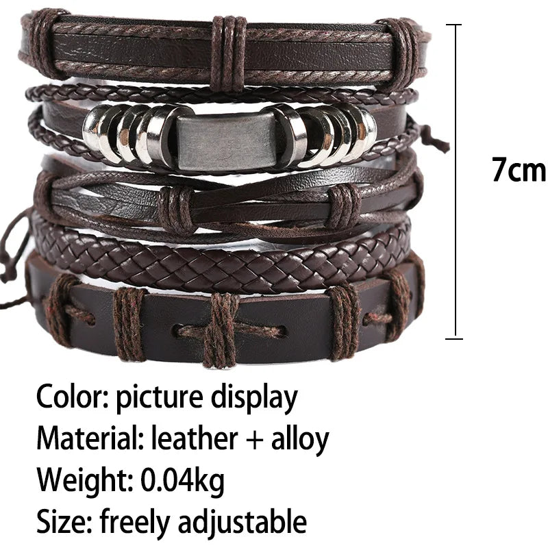 Men's Viking Leather Bracelet Woven Skull Adjustable Cuff