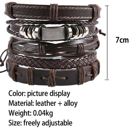 Men's Viking Leather Bracelet Woven Skull Adjustable Cuff