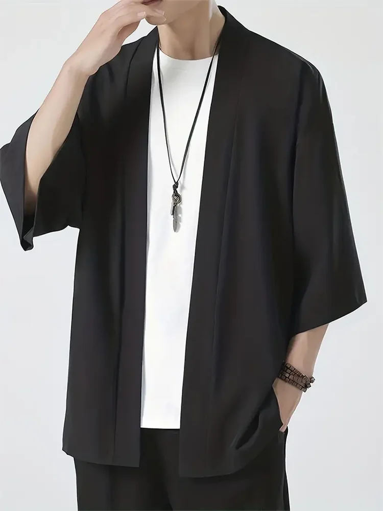 Men's Japanese Kimono Cardigan Shirt – Open Stitch Yukata, 3/4 Sleeve | XS–XXXL