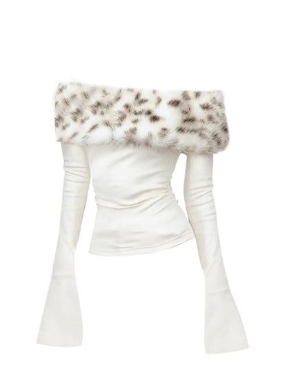 Women's Luxury Fur Graphic Long Sleeve T-Shirt | Y2K Off-Shoulder Vintage Blouse Tee