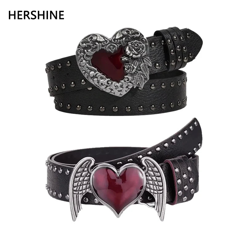 Women's Y2K Punk Gothic Rose Essential Oil Leather Belt | Rivet Heart Drop Spring Summer Waist Accessory