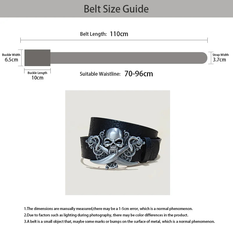 Men's Gothic Punk Skull Embossed Leather Belt Skeleton Reaper and Snake Designs