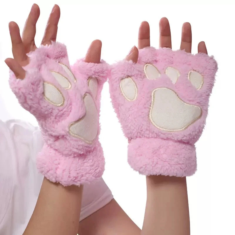 Cat Paw Plush Mittens – Cute Fingerless Fluffy Gloves for Women