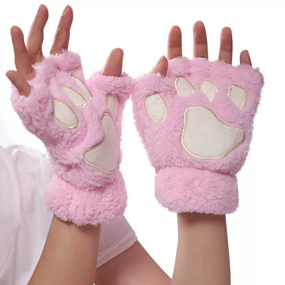 Cat Paw Plush Mittens – Cute Fingerless Fluffy Gloves for Women