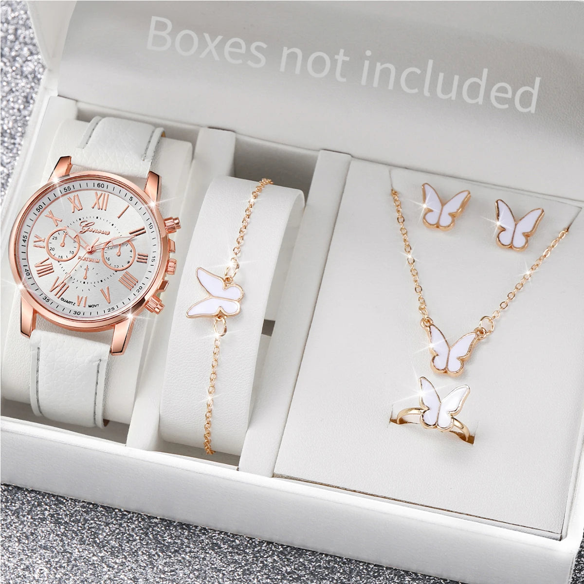 Women's Fashion Quartz Watch & Jewelry Set | 5/6pcs Heart Rhinestone Leather Band Wristwatch