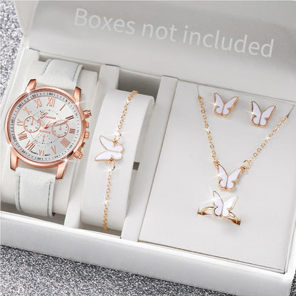 Women's Fashion Quartz Watch & Jewelry Set | 5/6pcs Heart Rhinestone Leather Band Wristwatch