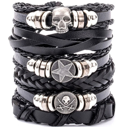 Men's Viking Leather Bracelet Woven Skull Adjustable Cuff
