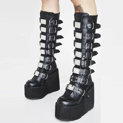 Women's Gothic Platform Wedge Mid-Calf Boots – Buckle Strap PU Leather | EU 35–43, 3 Colors