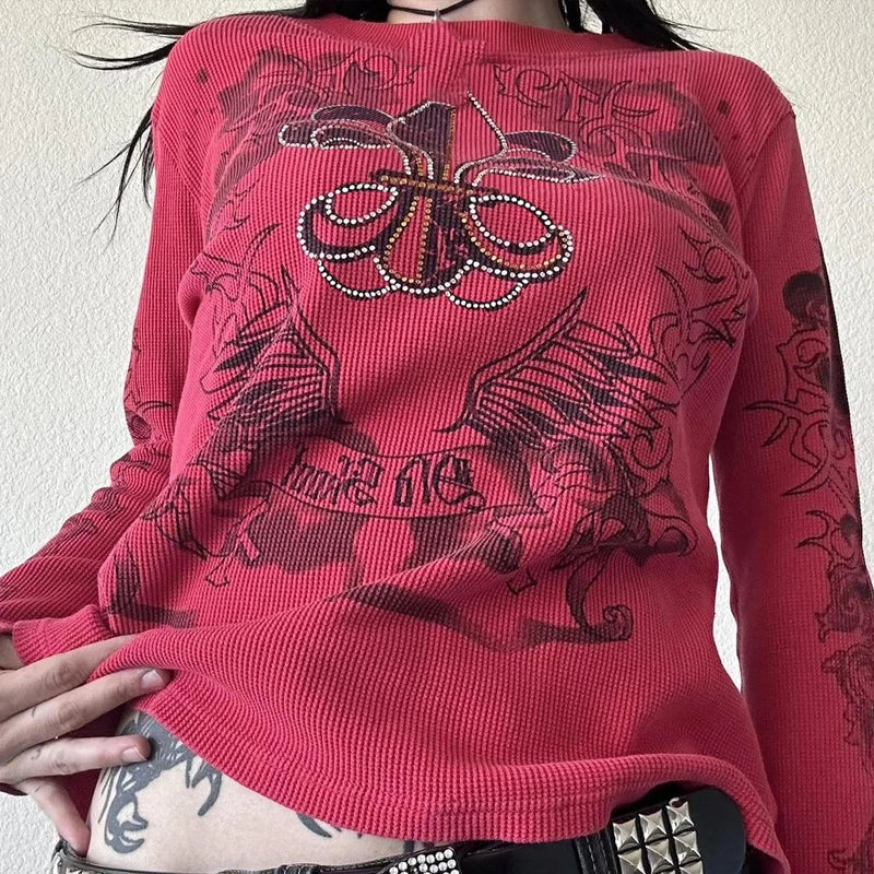 Women's Y2K Grunge Skull Graphic Thermal T-Shirt | 90s Vintage Aesthetic Long Sleeve Pullover Top