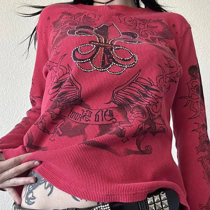 Women's Y2K Grunge Skull Graphic Thermal T-Shirt | 90s Vintage Aesthetic Long Sleeve Pullover Top
