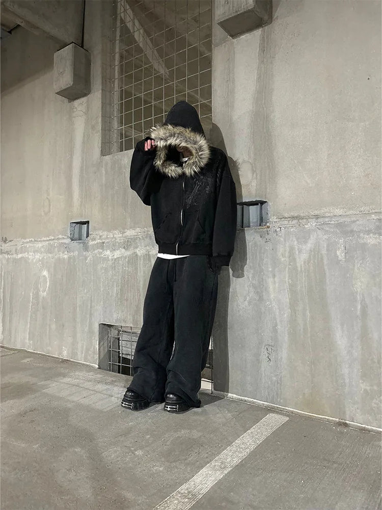 Women's Y2K Faux Fur Collar Pullover Hoodie – Gothic Graphic Sweatshirt